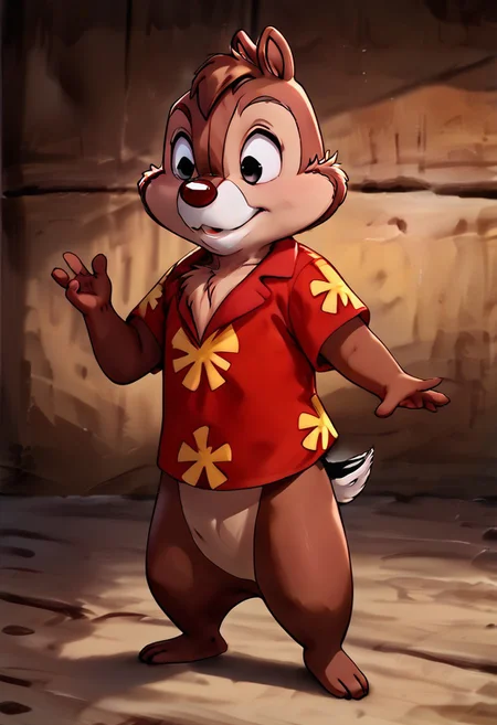 zPDXL2, score_9, score_8_up, score_7_up, highly detailed fur, score_6_up, Cartoon, detailed background, 4k, ultra detailed, hi_res, full body view, 1boy, Dale_chipmunk, chipmunk boy, Dale, anthro chipmunk, red shirt, 4 fingers on each hand, 4 toes on each foot, detailed face, highly detailed, one tail, big eyes, front view