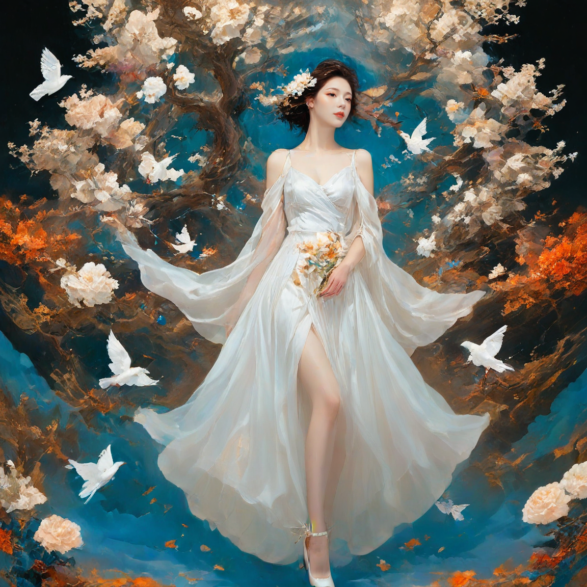 <lora:add-detail-xl:1.0>, 1girl, solo, flower, dress, hair ornament, hair flower, tree, brown hair, high heels, white dress <lora:LangV2:0.85>, <lora:RuanV2:0.6>,