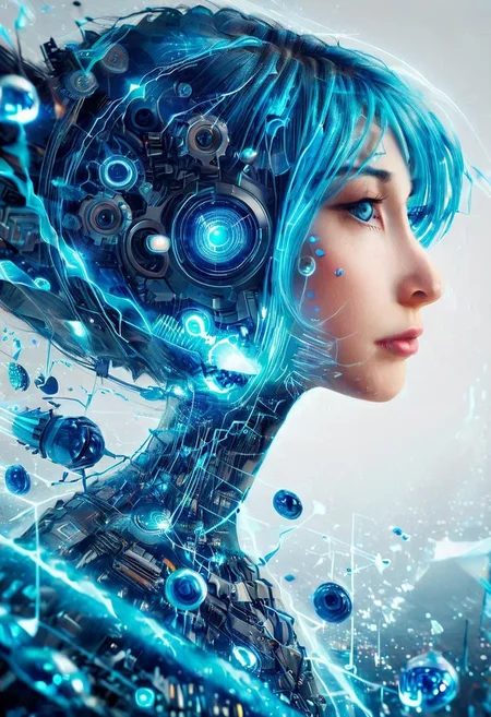 safe_pos, double exposure of Hatsune Miku with long blue hair floating twintails singing merging with a printed circuit board, <lora:DoubleExposure:1>, head, person,
(masterpiece, best quality, ultra_detailed, highres, absurdres:1.2),
realistic, photo, circuitry, circuits, chip, processor, motherboard, electronics, side view,
1girl, solo, (Hatsune_Miku, long_hair, aqua_hair, twintails:2), aqua_eyes, small_breasts, bare_shoulders, necktie, detached_sleeves, sleeveless_shirt, pleated_skirt, black_skirt, aqua_necktie, grey_shirt, black_thighhighs, black_sleeves, arm_tattoo,
<lora:loraeyesxl:0.4>