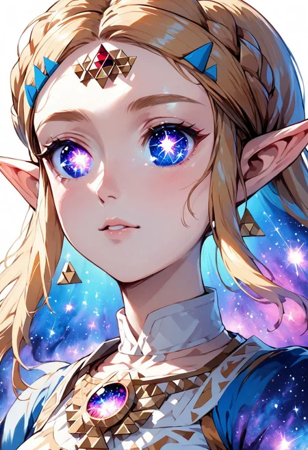source_anime, colorful, score_9, score_8_up, score_8, (masterpiece), eyedetailxl, bettereyes, detailed_eyes, upper_body, bust, BREAK, 1girl, Princess Zelda, multicolored_eyes, (galaxy eyes:1.2), galaxy_eyes, bright_pupils, (white background)