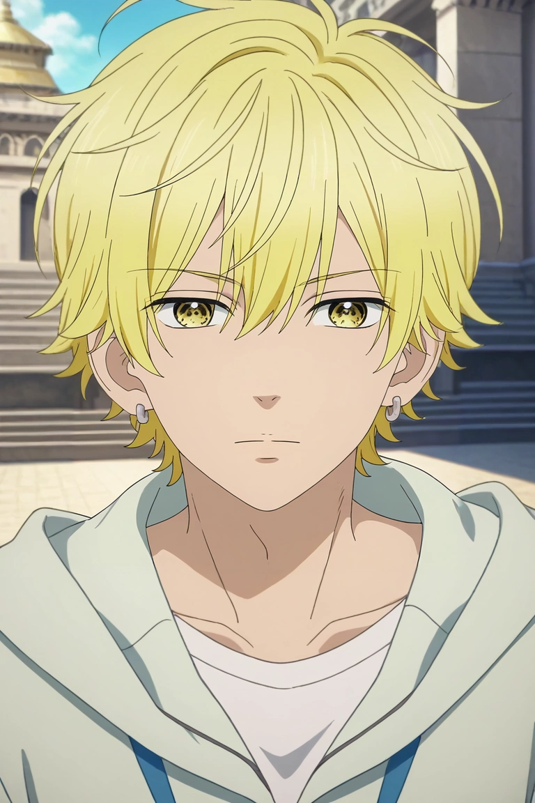 score_9, score_8_up, score_7_up, , rating_safe, intricate details, anime screencap, anime coloring, official style, looking at viewer, 1boy, solo, male focus, <lora:kai_miura_pony:1>, kai_miura, blonde hair, yellow eyes, short hair, bangs, hair between eyes, earrings, , , upper body, palace, day, sunny, lying, on stomach, :\3, outlaw costume, <lora:sdxl_lightning_8step_lora:1>