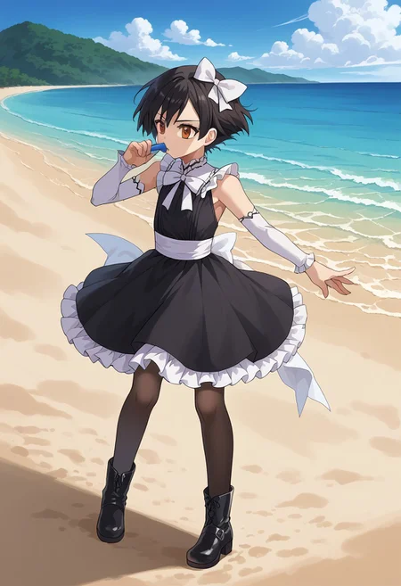 source_anime, 1boy, solo, black hair, short hair, brown eyes, flat breast, medium ass, mestizo skin, full body, hair bow, white bow, black pantyhose, sleeveless, detached sleeves, black boots, black dress, gothic, lace, waist back white bow, frill, clothing cutout, frilled dress, gothic dress, beach, wind is blowing, wind moves her skirt, ash wears a white bow on one side of her head (just a hair bow nothing else), and other big white bow on low back,
ash3,