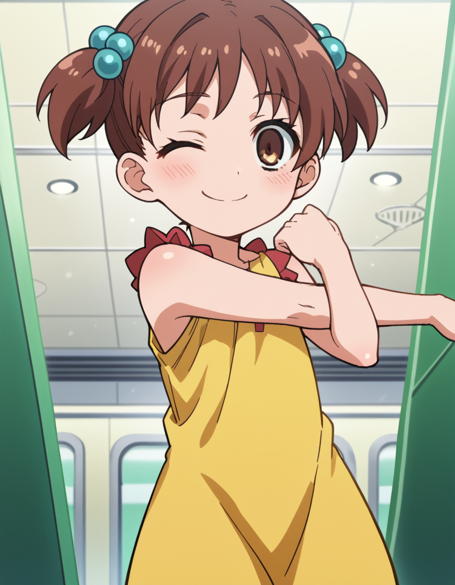 score_9, score_8_up, score_7_up, source_anime, <lora:kana-hazamaya-s1-ponyxl-lora-nochekaiser:1>, kana hazamaya, short hair, brown hair, hair ornament, twintails, brown eyes, hair bobbles, short twintails, child, anime screencap,, dress, sleeveless, yellow dress, space elevator, tall, space, futuristic, technology, smile, <lora:cross-body-stretch-ponyxl-lora-nochekaiser:1> cross-body stretch, stretching, arm across chest, exercising, blush, one eye closed,, looking at viewer, solo,, dutch angle, cowboy shot