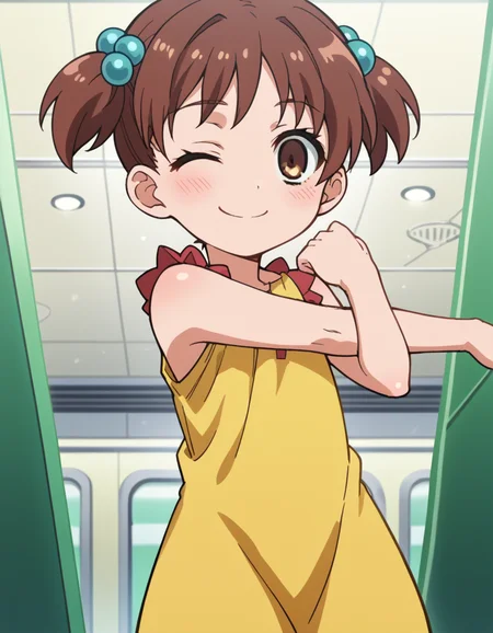 score_9, score_8_up, score_7_up, source_anime, <lora:kana-hazamaya-s1-ponyxl-lora-nochekaiser:1>, kana hazamaya, short hair, brown hair, hair ornament, twintails, brown eyes, hair bobbles, short twintails, child, anime screencap,, dress, sleeveless, yellow dress, space elevator, tall, space, futuristic, technology, smile, <lora:cross-body-stretch-ponyxl-lora-nochekaiser:1> cross-body stretch, stretching, arm across chest, exercising, blush, one eye closed,, looking at viewer, solo,, dutch angle, cowboy shot