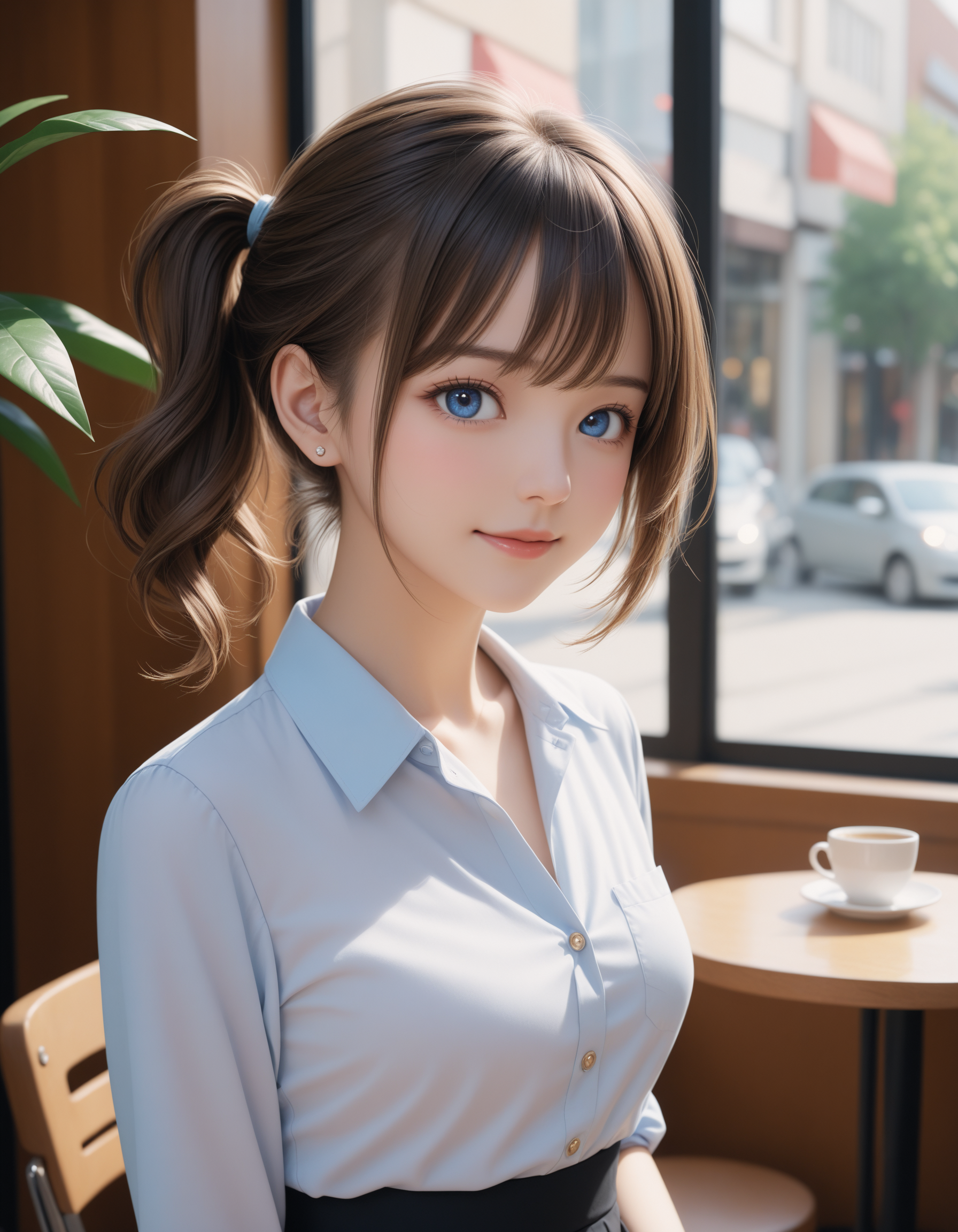SceneDescription:
  - Composition: Portrait. Shooting from front.
  - Subject: A 20YO woman.
    - Characteristics:
      - Face: (Cute round face:1.2).
      - Eyes: Detailed blue eyes.
      - Hair: Wavy hair, (side ponytail:1.2), brown hair and hair between eyes.
      - Body: Detailed slender body. Medium breasts.
      - Clothing: (White:1.2) button-up shirt, short sleeves and (black pencil skirt:1.2).
      - Expression: Happy expression. Close mouth.
      - Posing: Stylish pose. Looking at viewer.
  - Background: Inside fashionable cafe.
    - Elements: Decorative plants. Street view from window.
Time: Lunch time.
Lighting: (Natural lighting:1.4).
ArtStyle: Photorealistic. Cute style.
Quality: Intricate details. Extremely detailed. Outstanding intricacies. (Masterpiece:1.2). (Best quality:1.2). (Absurdres absolutely resolution:1.4).
Mood: Pastel atmosphere.