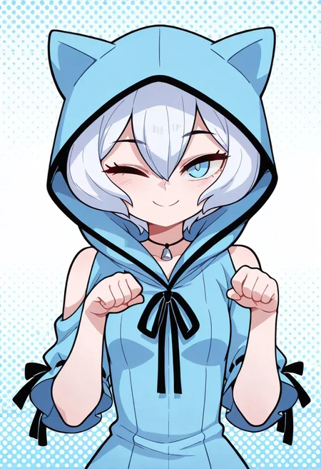 masterpiece, best quality, amazing quality, very aesthetic, absurdres, diives,
masterpiece, best quality, high resolution, absurdres, 1girl, kijima_shia, blue_eyes, white_hair, short_hair, hair_between_eyes, small_breasts, necklace, blue_dress, hooded_dress, frills, detached_sleeves, short_sleeves, black_ribbon, hood_up, animal_hood, paw_pose, smile, wink, halftone_background, looking_at_viewer,