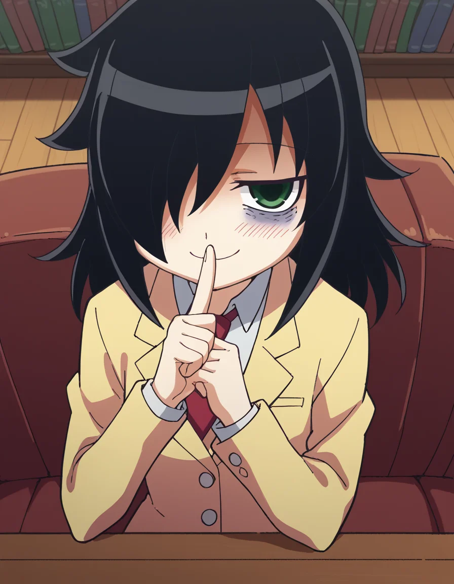 score_9, score_8_up, score_7_up, source_anime, <lora:tomoko-kuroki-s1-ponyxl-lora-nochekaiser:1>, tomoko kuroki, long hair, black hair, green eyes, hair over one eye, bags under eyes,, skirt, school uniform, necktie, blazer,, living room, sofa, TV, coffee table, decor, smile, <lora:shushing-ponyxl-lora-nochekaiser:1>, shushing, finger to mouth, index finger raised, from above, library, smile, blush, one eye closed, dutch angle,, looking at viewer, solo,, dutch angle, cowboy shot