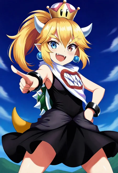 Masterpiece, High quality, anime style, solo, 1girl, single, Oc, adult, tall, perfect face, perfect eyes, perfect body, perfect arms, perfect hands, perfect hair, bowsettejr, scarf, smiling, open mouth, dynamic pose, hortstack, masterpiece, high quality, Black Dress, sleeveless, teeth, fang, tail, spike shell, black metal braclets(ultra-detailed)), ((best quality)), ((beautiful eyes)), ((extremely detailed)), 4K, (8K), best quality, (beautiful), Master piece, highres, best quality, official art, highres, masterpiece, 
Standing, one arm out pointing forward, other arm down, hand bolded up fist, legs spread, below bottom view, looking at viewer, fully body view