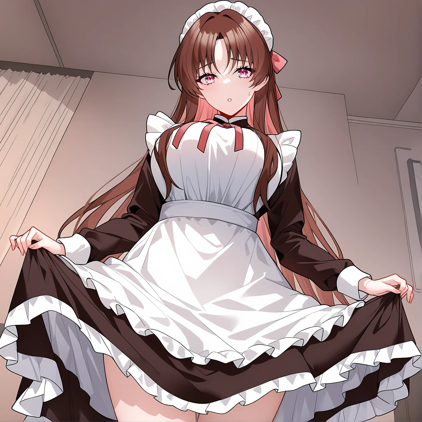 masterpiece,best quality,newest,absurdres,highres,safe,<lora:noobai_ep11_stabilizer_v0.138_fp16:1>,1girl,zhang_qianqin,<lora:Zhang Qianqin-step00008000:1>,maid,skirt lift,detailed eyes,
