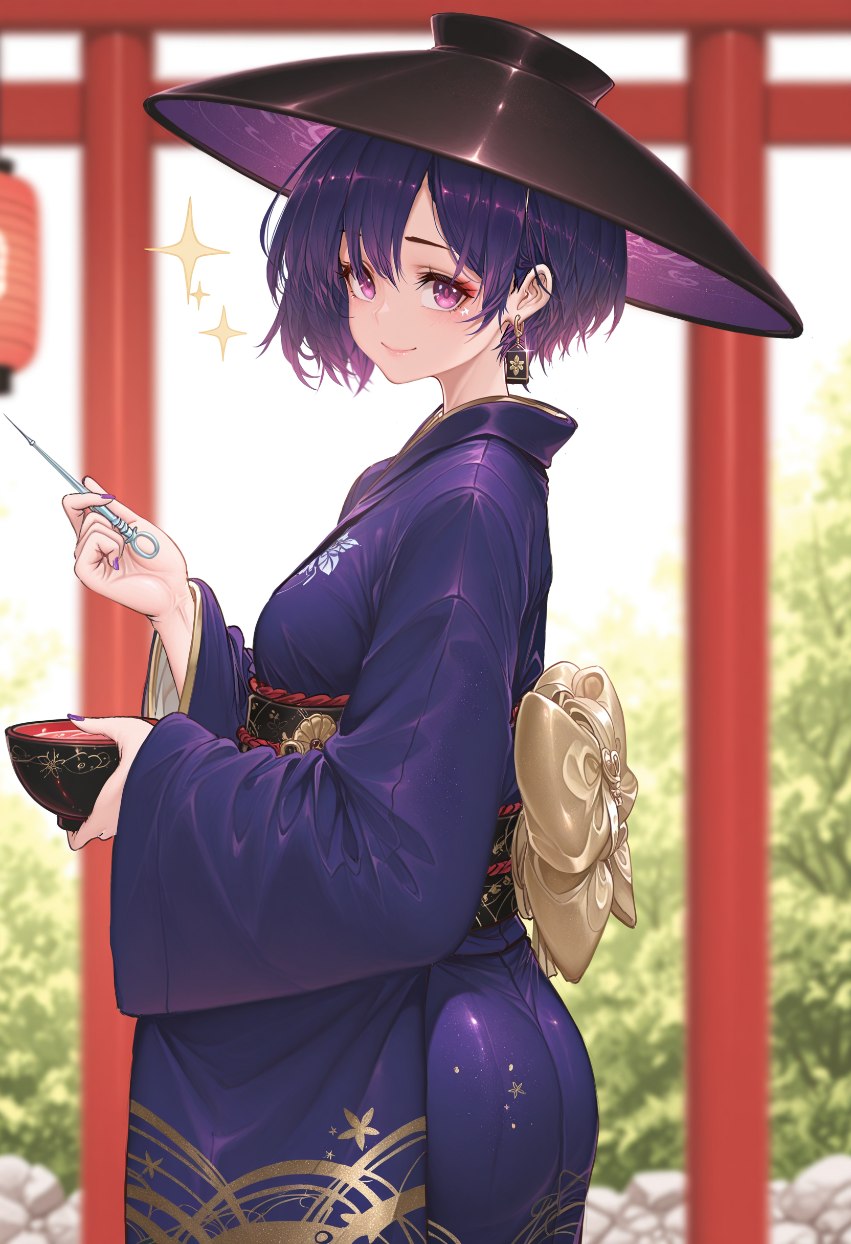 <lora:dishwasher1910:1>, dishwasher1910 style,masterpiece, absurdres, highres,amazing quality, best quality, extremely detailed, 8k,1girl,blurry,blurry background,bowl,bowl hat,cowboy shot,depth of field,hat,holding,holding needle,japanese clothes,kimono,looking at viewer,looking to the side,needle,obi,purple eyes,purple hair,sash,short hair,smile,solo,sparkle,touhou,wide sleeves