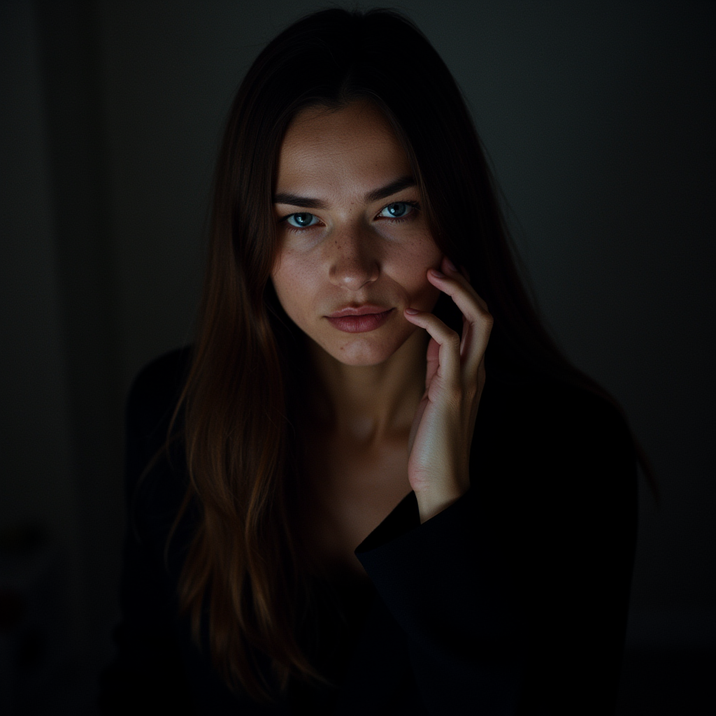 cinematic film still  <lora:Hollywood Cinematic Film style v1:1> high contrast, 
A dramatic cinematic photographic image of a woman with long hair and a black shirt,1girl,solo,long hair,looking at viewer,blue eyes,closed mouth,upper body,hand up,lips,portrait,forehead,freckles,realistic , Commercial advertisement themed, sharp, detailed, epic photography, artistic, creative, dramatic light, cinematic style, Kodak film style, different lighting style, different color style, different background, different scene, different person, different people, different race, different gender, 8k resolution, Television advertisement Hollywood Cinematic Film style . shallow depth of field, vignette, highly detailed, high budget, bokeh, cinemascope, moody, epic, gorgeous, film grain, grainy