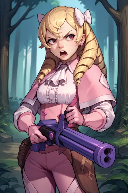 score_9, score_8_up, score_7_up, score_6_up, source_anime, 1girl, solo, <lora:femaribelle-pdxl-nvwls-v1-000005:1> maribelle, blonde hair, long hair, drill hair, hair bow, earrings, pink capelet, ascot, frilled shirt, pink pants, pink gloves, boots <lora:GatlingGun_pdxl_Incrs_v1:1> gatling gun, holding gatling gun, annoyed, open mouth, forest