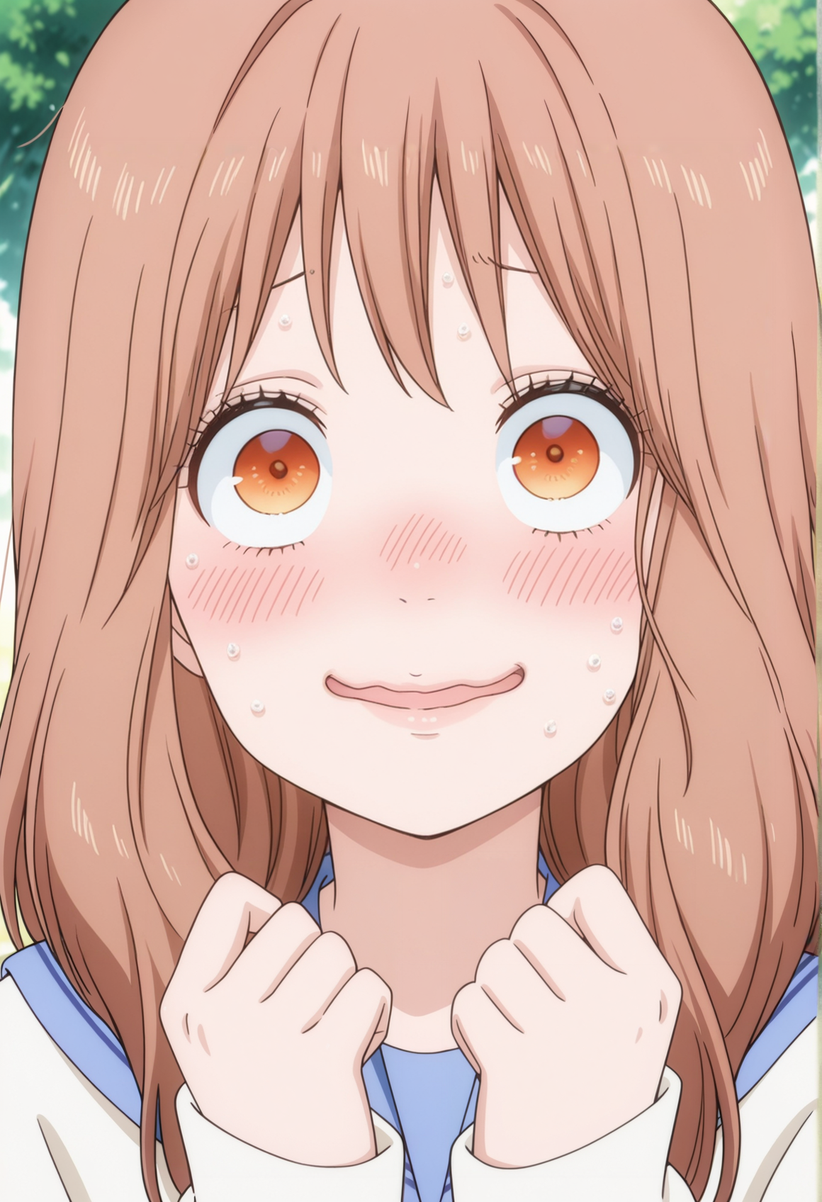 portrait, surprised, wide eyes, panicking, hands up,  1girl, long hair, brown hair, orange eyes, parted lips, sailor collar, sweater. solo, standing, panicking, outdoors, nervous smile, blush  <lora:Rinko_ore_monogatari_illus:1>, masterpiece, best quality, amazing quality, very aesthetic, absurdres, highres, newest