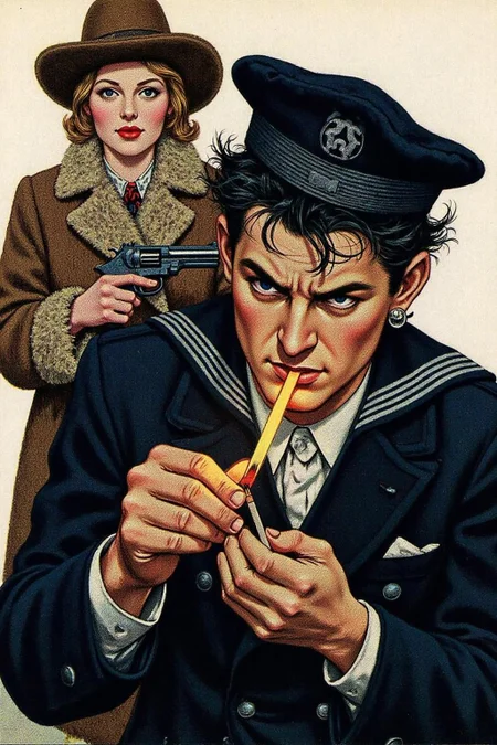 hopy1 illustration.
The primary figure is a man with piercing eyes and a stern expression. He has dark, unkempt hair, wears a single earring and a military-style sailor cap. He is lighting up a cigarette with a burning match. In the background there is an woman wearing winter coat and fur hat. She is holding a pistol with both hands. <lora:hopy1_cap_d6a3e12:1.0><lora:826174527747748991:0>