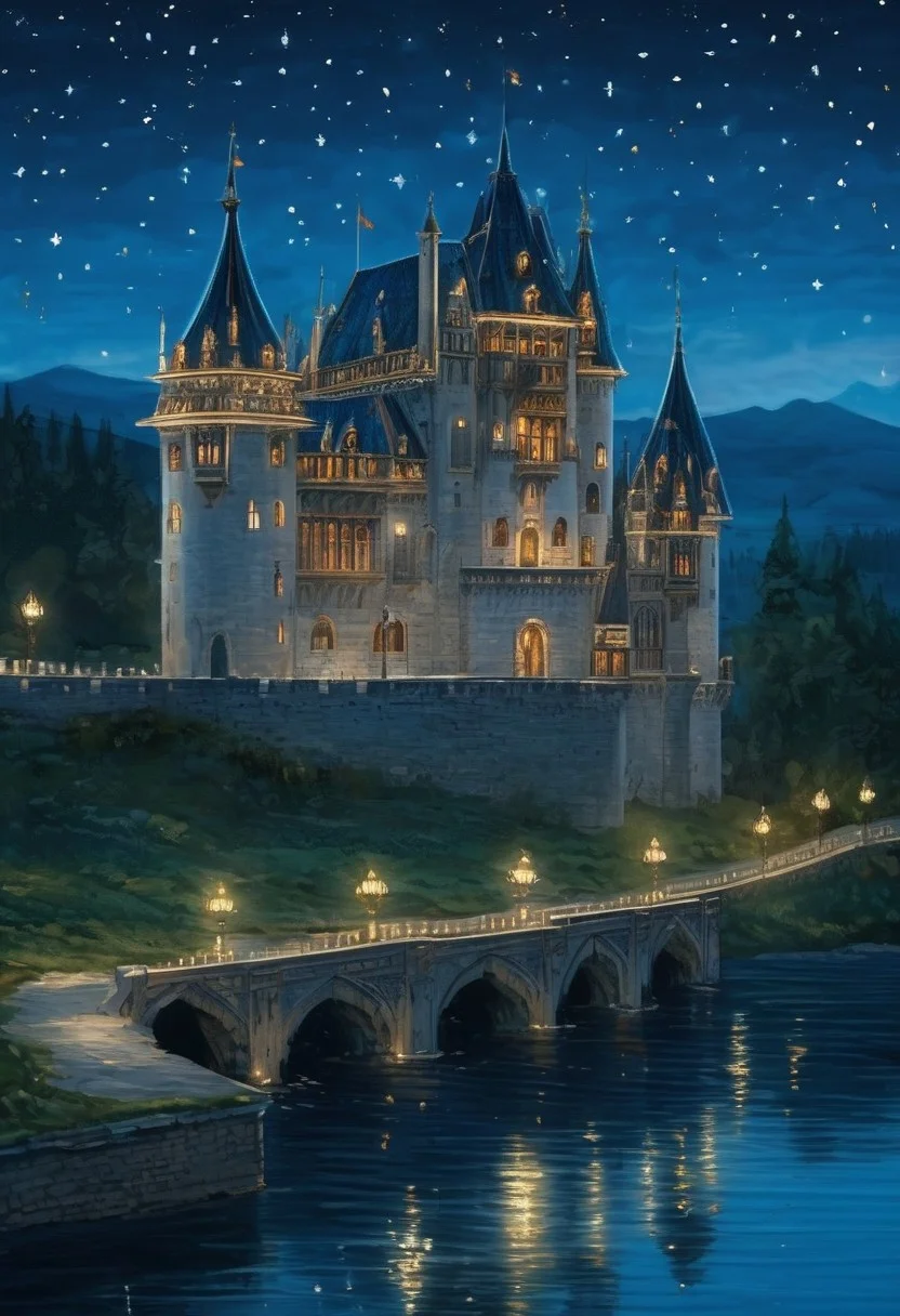 A low castle in the early feudal French style on the shore of a lake, shrouded in a warm summer night. Lights are burning in the windows of the castle, warriors are guarding the gates of the castle. The night starry sky. meticulous, intricate, entangled, intricately detailed