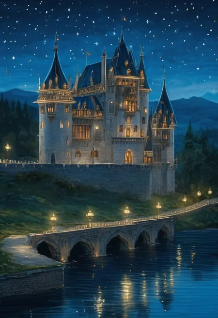 A low castle in the early feudal French style on the shore of a lake, shrouded in a warm summer night. Lights are burning in the windows of the castle, warriors are guarding the gates of the castle. The night starry sky. meticulous, intricate, entangled, intricately detailed