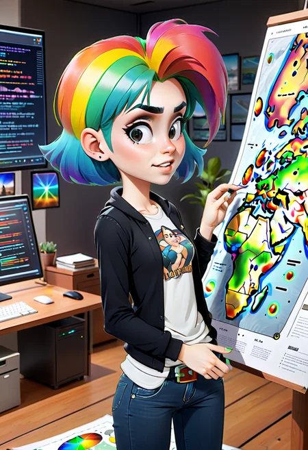 <lora:InfiniteTina:.6> A 25-year-old InfiniteTina with rainbow hair analyzing a complex holographic map of the multiverse focused and serious.