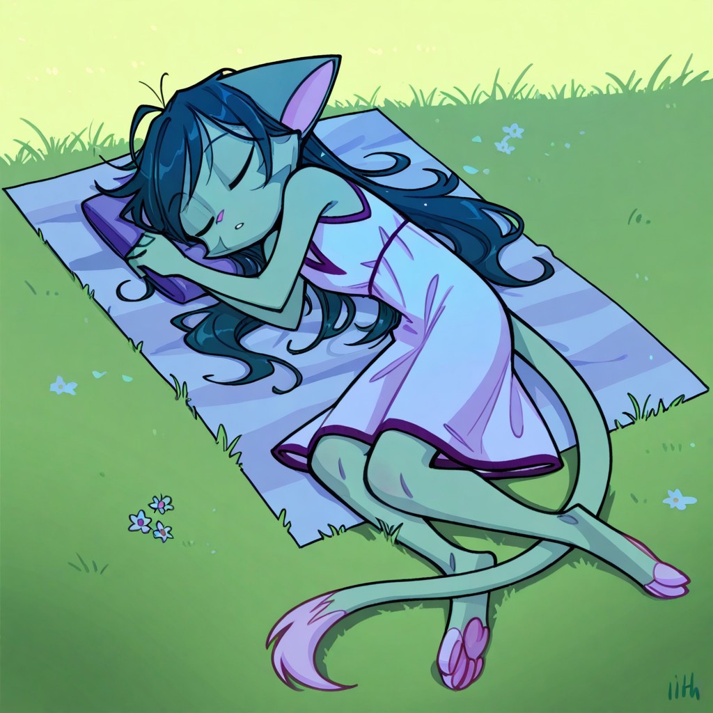 score_9, score_8_up, score_7_up,lilith_calah,
1girl,solo,furry,tail,dark green hair, source_furry,
 ,<lora:lilith_calah_illustrious:0.8>,
masterpiece, child, kid, 
grass, laying, sleeping, summer, outside, messy hair, white summer dress,