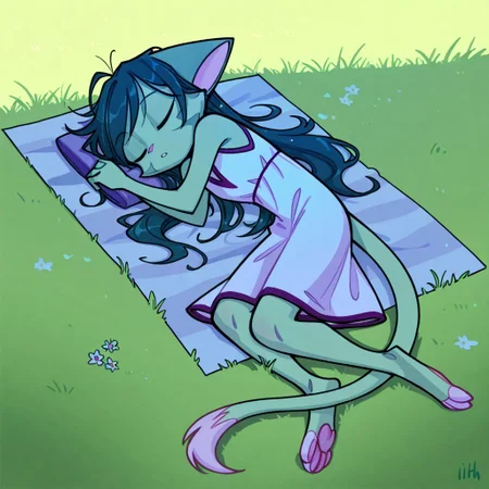 score_9, score_8_up, score_7_up,lilith_calah,
1girl,solo,furry,tail,dark green hair, source_furry,
,<lora:lilith_calah_illustrious:0.8>,
masterpiece, child, kid,
grass, laying, sleeping, summer, outside, messy hair, white summer dress,