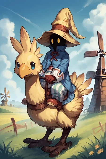 score_9, score_8_up, score_7_up, score_6_up, source_anime, BREAK <lora:chocobo-pdxl-nvwls-v1-000004:1> riding a chocobo, riding <lora:BlackMageCostumeSDXL-V1:1> bmcostume, black face, hidden face, yellow eyes, blue sky, field, windmill, wide shot