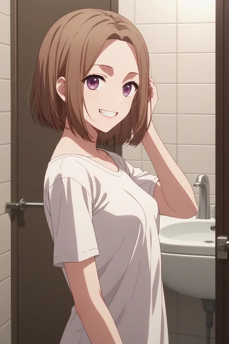 sscore_9, score_8_up, score_7_up, source_anime, 1girl, prefect lighting, very aesthetic, intricate details, highly detailed background, masterpiece, high quality, prefect hands, best quality, solo, 
<lora:Yoriko_Kichijouji_Oshi_No_Ko_V1:.85>, KJOyoriko, brown hair, purple eyes, medium hair, forehead, 
oversized clothes, white t-shirt, no pants, 
from side, adjusting hair, looking at viewer, grin, 
bathroom, sink, doorway, 
(Beautiful, small Breasts:1.2), natural breasts,