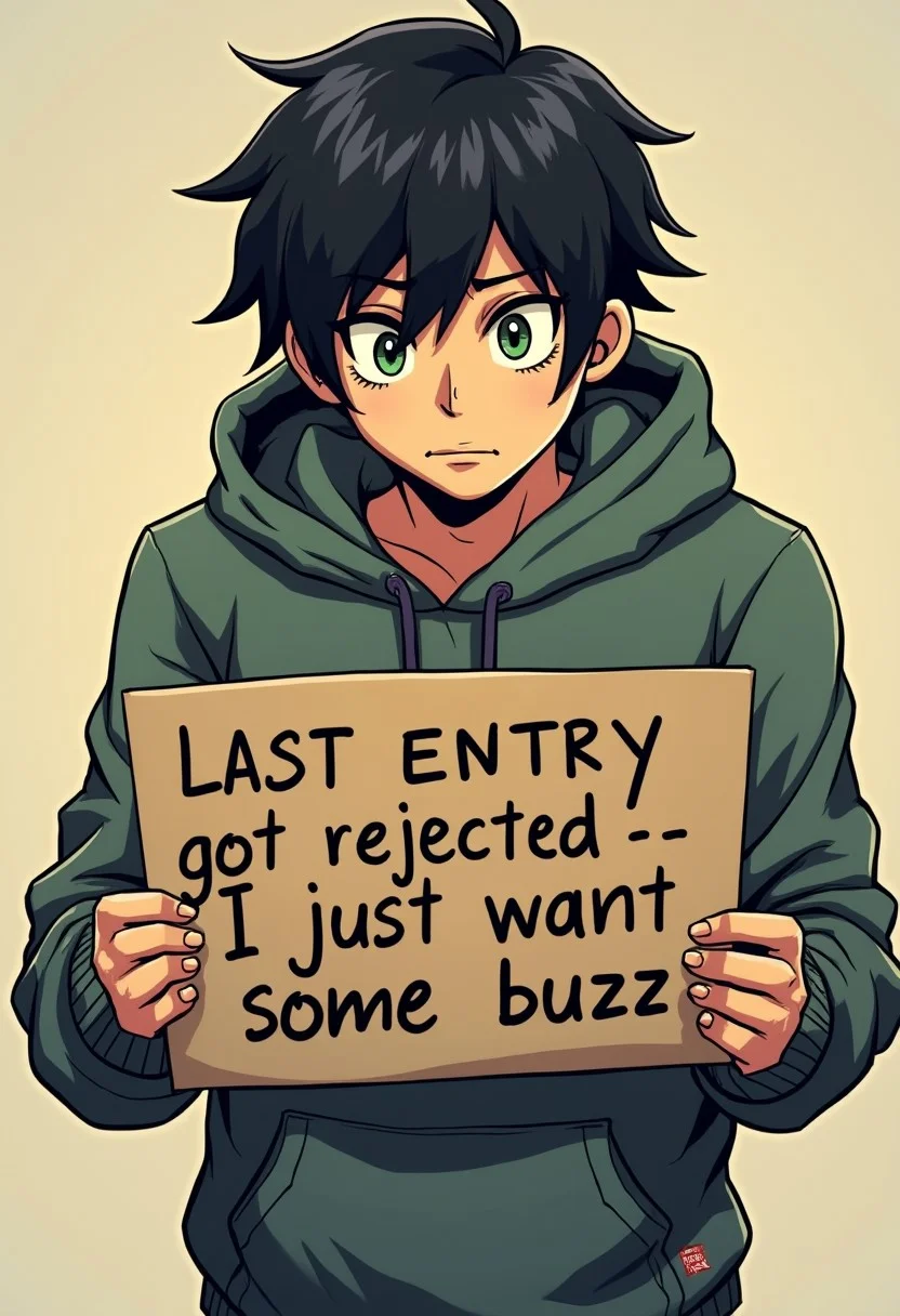 comic book illustration of a male person with black hair and green eyes. he is wearing a hoodie looking tired and exhausted . he is holding a cardboard sign that reads "last entry got rejected just, i just want some buzz