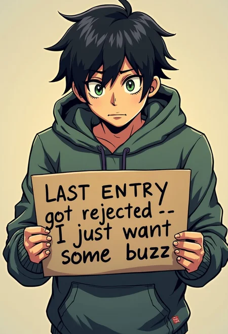 comic book illustration of a male person with black hair and green eyes. he is wearing a  hoodie looking tired and exhausted  . he is holding a cardboard sign that reads "last entry got rejected just, i just want some buzz