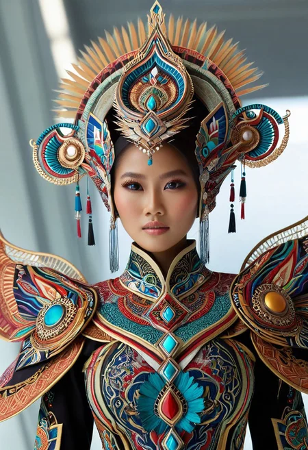 A hyper-realistic depiction of a single woman's upper body, adorned in intricately designed fantasy clothing that blends traditional Indonesian patterns with futuristic elements, set against a sleek, modern backdrop that incorporates subtle hints of Indonesian culture, with soft, natural lighting and a shallow depth of field, in the style of a high-end fashion photograph, with vibrant colors and exquisite texture details.