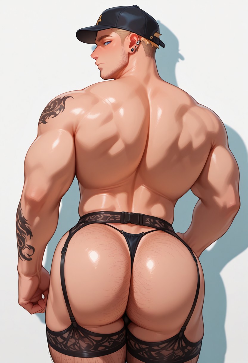 besustyle, 
extremely detailed clothes, detailed eyes, detailed skin, detailed hair, masterpiece, best quality, amazing quality, very aesthetic, high resolution, ultra-detailed, absurdres, newest, male focus,
1boy, solo, adult, bara, blonde hair, pierced ears, short hair, undercut, blue eyes, pierced thin waist, wide hips, bubblebutt, large bubblebutt, huge ass, massive butt, masculine, mature face, cowboy shot, standing, head tilt, looking back at viewer, (back view), (ass focus), calm face, bored expression, black snapback hat, backwards black baseball hat, tattoos, hairy body, hairy legs, happy trail,simple background, shadow, white background, facial stubble, lingerie, black lingerie, black thigh-high stockings, lingerie garter, g-string thong,