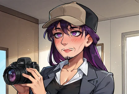 IllustriousQual, <lora:StS-Illustrious-Detail-Slider-v1.0:2> <lora:cfg_scale_boost:0.3> <lora:StS_Age_Slider_Illustrious_v1:3>,detailed_background,indoors,bright pupils,blush stickers,solo,black coat,portrait,holding,:3,scotch \(meitantei conan\),camera,closed mouth,collarbone,blue eyes,t-shirt,deformed,long hair,meitantei conan,breasts,medium breasts,grey jacket,purple hair,baseball cap,facial hair,hat,second-party source,jacket,male focus,highres,collared shirt,coat,black hair,black shirt,hands up,two-handed,white shirt,purple eyes