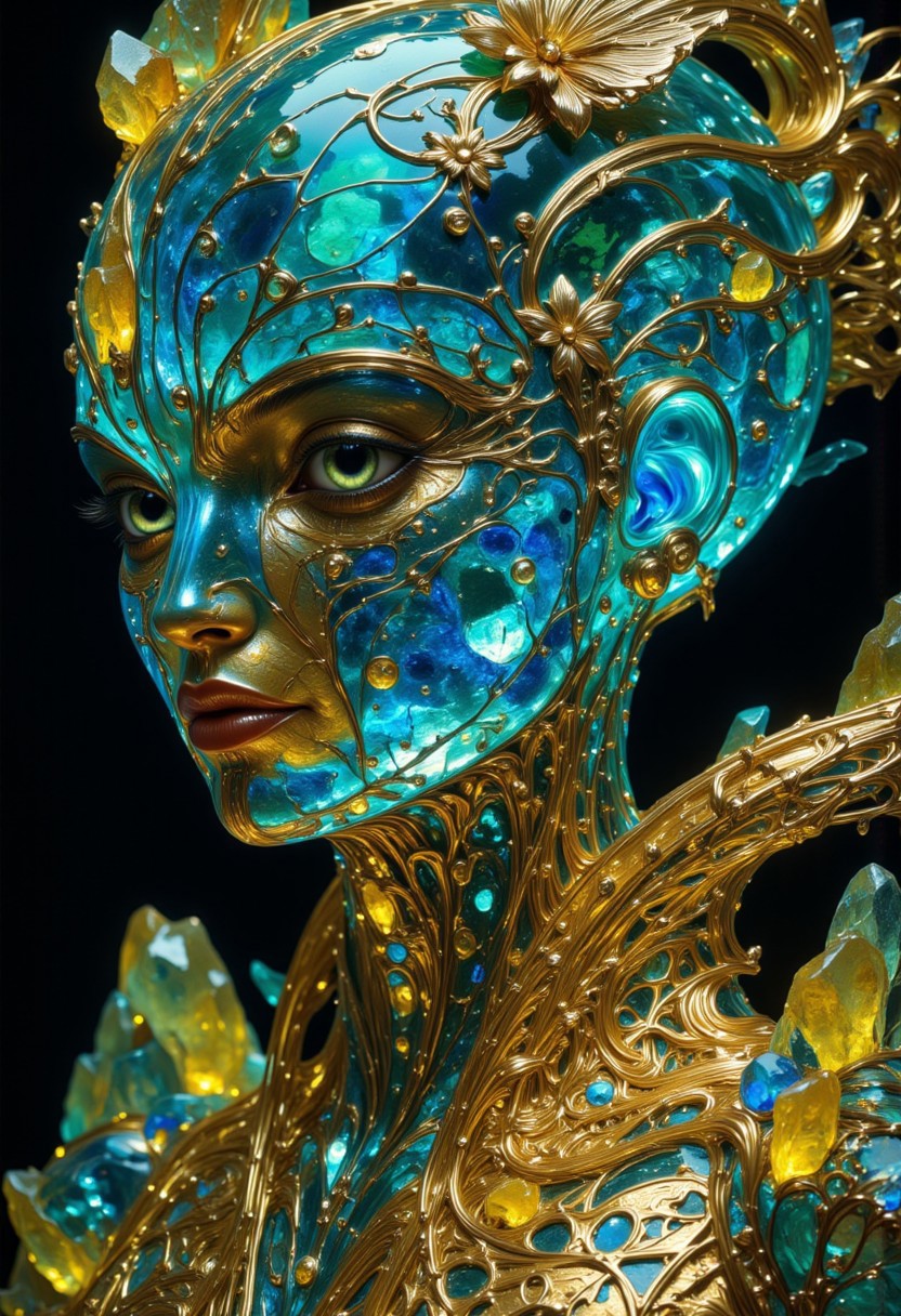 A closeup portrait of an intricate statue of a woman made of engraved crystal and glass. Her skin composed of delicate, engraved blue glass with shards of crystal intricately woven into her hair. Her eyes gleaming with a bluish, otherworldly light and she wearing a majestic, windy-blown ornate gown with crystal flowers reminiscent of a bright futuristic world. Her face and shoulders illuminated by an internal soft, ambient glow, as she is encased in a giant crystal that radiates with otherworldly energy. She stares intently at the viewer with a subtle smile. She is enveloped in an abstract explosion of vibrant colors—blue, green and yellow—splashing dynamically around her creating a dramatic vignette effect. In the styles of Royo's dark, mystical realism, Artgerm's hyper-detailed, metallic sheen, and Lovecraft's eerie, atmospheric tension, with meticulous attention to intricate textures, dramatic shading, and a sense of haunting and ethereal beauty.
