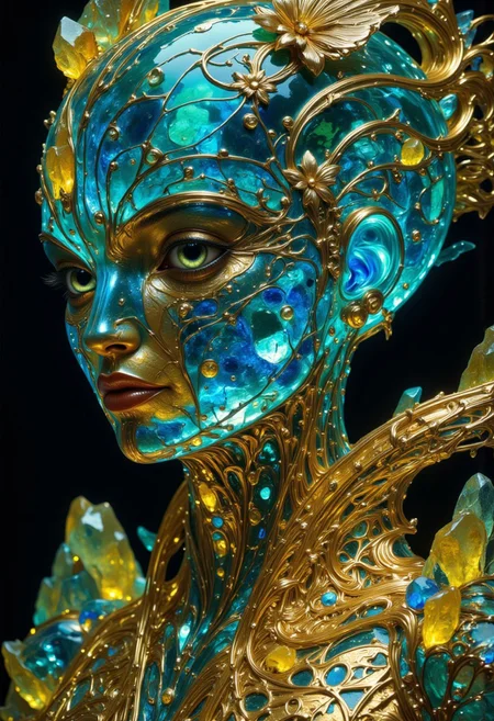 A closeup portrait of an intricate statue of a woman made of engraved crystal and glass. Her skin composed of delicate, engraved blue glass with shards of crystal intricately woven into her hair. Her eyes gleaming with a bluish, otherworldly light and she wearing a majestic, windy-blown ornate gown with crystal flowers reminiscent of a bright futuristic world. Her face and shoulders illuminated by an internal soft, ambient glow, as she is encased in a giant crystal that radiates with otherworldly energy. She stares intently at the viewer with a subtle smile. She is enveloped in an abstract explosion of vibrant colors—blue, green and yellow—splashing dynamically around her creating a dramatic vignette effect. In the styles of Royo's dark, mystical realism, Artgerm's hyper-detailed, metallic sheen, and Lovecraft's eerie, atmospheric tension, with meticulous attention to intricate textures, dramatic shading, and a sense of haunting and ethereal beauty.