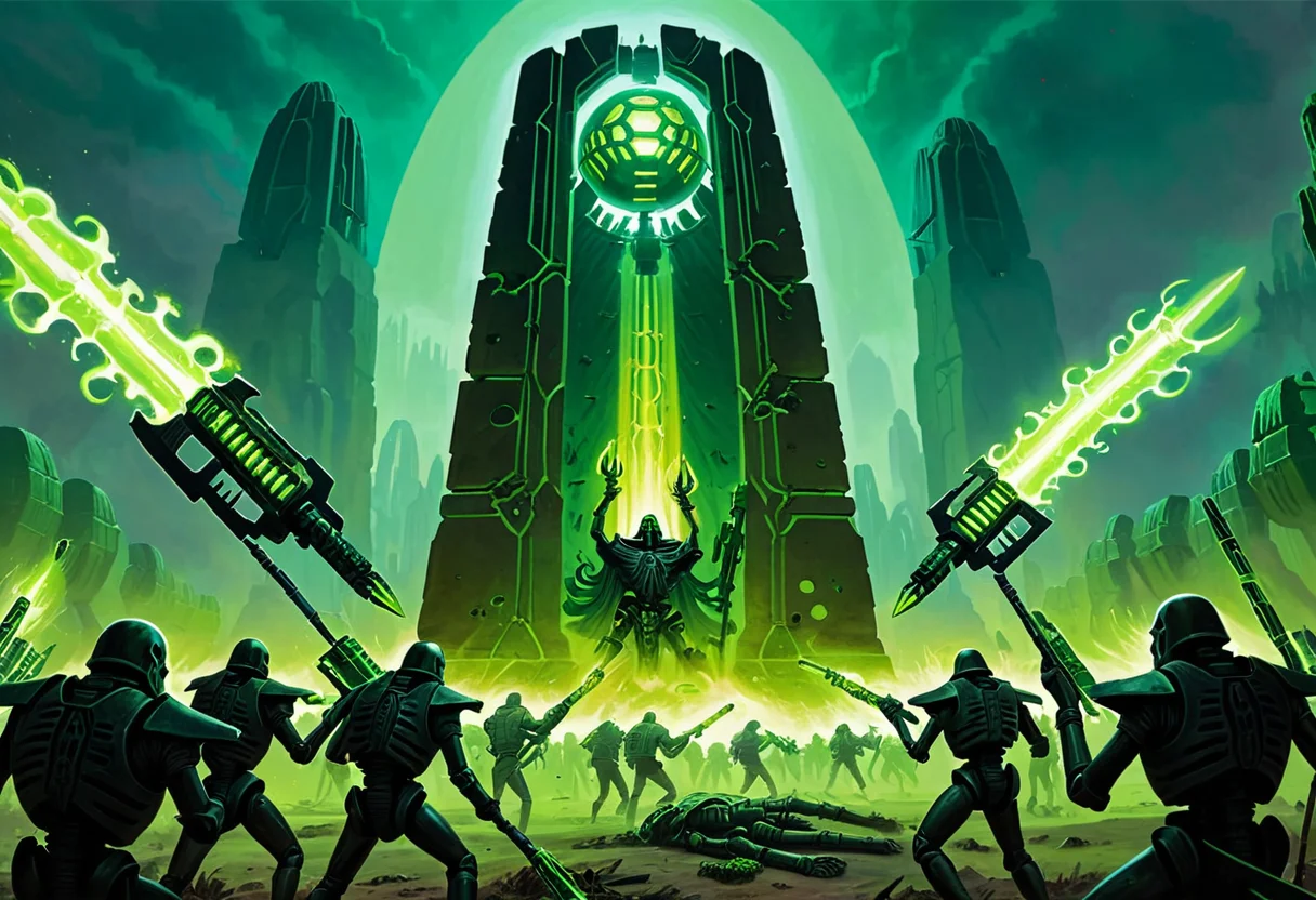 A painting of a large, green Necron Monolith. It is a rectangular structure with a large, glowing green orb in the center. The Monolith is surrounded by four Necron Warriors, who are firing their guns at unseen enemies. The Monolith is in the middle of a battlefield, and there are ruins of buildings and dead bodies all around. By Anthony Devine.
<lora:Necron-000008:1>