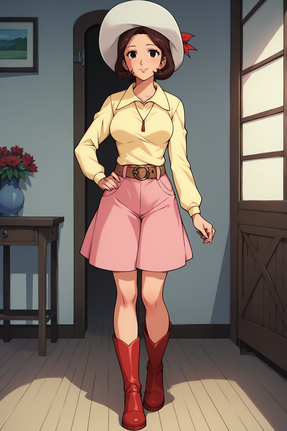 score_9, score_8_up, score_7_up, score_6_up, BREAK, HikaruMakibaUFOXL, 1980s (style), black eyes, brown hair, short hair, medium breasts, white sun hat, yellow shirt, long sleeves, brown belt, pink skirt, red boots, solo, full body, standing, seductive smile, looking at viewer, indoors <lora:HikaruMakibaUFOXL:0.8>