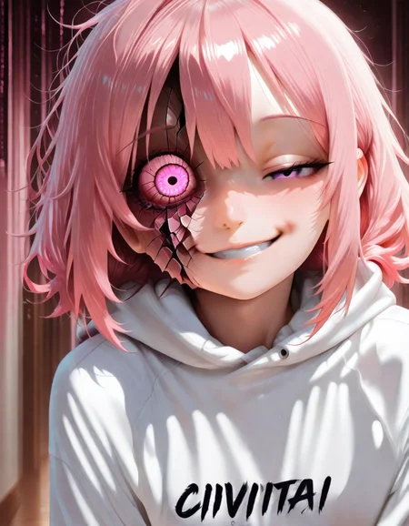 masterpiece, best quality, anime screencap,<lora:CivChan:1> civchan, 1girl, solo, clenched teeth, straight on,
BREAK;
<lora:Matrix_Style:1> om0atrix0, glitch, pink theme, glowing eyes, wide eyes, messy hair, <lora:ya_cracked_skin :1>cracked face, <lora:se_v1_horror:1> horror, madness, sharp teeth, crazy smile
BREAK;
seductive smile,
BREAK;
<lora:CivitaiHoodieILL:1> civitai hoodie