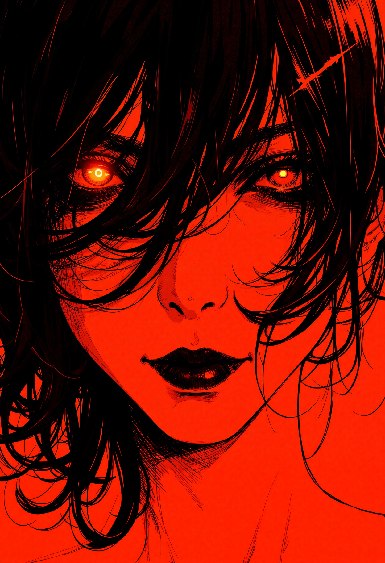 An extreme close-up of a photorealistic female face, her features striking and enigmatic, set against a vibrant, solid orange-red background that seems to pulse with an otherworldly energy. Dramatic backlighting casts an eerie, atmospheric glow, creating sharp contrasts and deep shadows that accentuate her intricate facial details. Her eyes, glowing with an ethereal light, draw the viewer in, exuding a haunting, ancient mystical presence. The scene is rendered in a stylized pen and ink aesthetic, with bold lines and hatching techniques that evoke a dark fantasy vibe. Subtle shadows dance across her face, adding depth and dimension, while the overall composition is cinematic and immersive, as if capturing a moment of profound, unsettling revelation. The stark lighting and bold tones create a visually striking contrast, immersing the viewer in an atmosphere of mystery and foreboding, evoking the essence of a great old one, a being of haunting, otherworldly power., in the style of cksc, in a neon-lit NLSTN anime style, NLSTN, glowing, neon, anime_d4rk, alone, Poster art, occult, western esoteric art,.,extreme close-up, photorealistic, female face, dramatic backlighting, eerie atmospheric glow, solid orange-red background, bold tone, contrasting lighting, highly stylized, intricate details, sharp focus, cinematic composition, pen and ink style, dark fantasy, haunting, great old one, intricate facial features, subtle shadows, depth, immersive atmosphere, ancient mystical presence, glowing eyes, otherworldly energy, hatching, shading, dynamic pose, sharp contrasts, bold lines, vibrant colors, mysterious, foreboding, unsettling revelation, otherworldly power, in the style of cksc, in a neon-lit NLSTN anime style, NLSTN, glowing, neon, anime_d4rk, alone, Poster art, occult, western esoteric art,.,<lora:ck-shadow-circuit-000021:0.521> in the style of cksc,<lora:NLSTN-F:0.385> in a neon-lit NLSTN anime style, NLSTN, glowing, neon,<lora:anime_dark_by_martz:0.3> anime_d4rk, alone,<lora:Wiz-Arcana-The_Dark_Arts:0.075> Poster art, occult, western esoteric art
