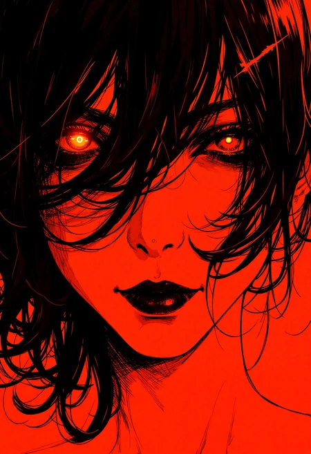 An extreme close-up of a photorealistic female face, her features striking and enigmatic, set against a vibrant, solid orange-red background that seems to pulse with an otherworldly energy. Dramatic backlighting casts an eerie, atmospheric glow, creating sharp contrasts and deep shadows that accentuate her intricate facial details. Her eyes, glowing with an ethereal light, draw the viewer in, exuding a haunting, ancient mystical presence. The scene is rendered in a stylized pen and ink aesthetic, with bold lines and hatching techniques that evoke a dark fantasy vibe. Subtle shadows dance across her face, adding depth and dimension, while the overall composition is cinematic and immersive, as if capturing a moment of profound, unsettling revelation. The stark lighting and bold tones create a visually striking contrast, immersing the viewer in an atmosphere of mystery and foreboding, evoking the essence of a great old one, a being of haunting, otherworldly power., in the style of cksc, in a neon-lit NLSTN anime style, NLSTN, glowing, neon, anime_d4rk, alone, Poster art, occult, western esoteric art,.,extreme close-up, photorealistic, female face, dramatic backlighting, eerie atmospheric glow, solid orange-red background, bold tone, contrasting lighting, highly stylized, intricate details, sharp focus, cinematic composition, pen and ink style, dark fantasy, haunting, great old one, intricate facial features, subtle shadows, depth, immersive atmosphere, ancient mystical presence, glowing eyes, otherworldly energy, hatching, shading, dynamic pose, sharp contrasts, bold lines, vibrant colors, mysterious, foreboding, unsettling revelation, otherworldly power, in the style of cksc, in a neon-lit NLSTN anime style, NLSTN, glowing, neon, anime_d4rk, alone, Poster art, occult, western esoteric art,.,<lora:ck-shadow-circuit-000021:0.521> in the style of cksc,<lora:NLSTN-F:0.385> in a neon-lit NLSTN anime style, NLSTN, glowing, neon,<lora:anime_dark_by_martz:0.3> anime_d4rk, alone,<lora:Wiz-Arcana-The_Dark_Arts:0.075> Poster art, occult, western esoteric art