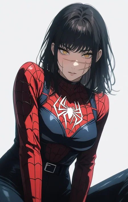 1girl,BREAK source_anime, Yoru from Chainsaw Man, black hair, <lora:yoru:0.8> yoru_\(chainsaw_man\)
spiderman suit ,spiderman logo, seductive,gorgeous,stunning,simple background,white background,blush,high resolution textures,cinematic,extremely detailed <lora:Spiderman_Suit:0.7>