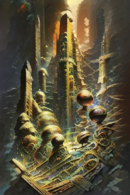 The Wizard’s Crystal Orb of Cellular Division
Concept: A wizard controls an orb that governs cellular division and growth. The orb, glowing with mystical light, symbolizes the biological process of mitosis and meiosis.
Fantasy Trope: A powerful wizard wielding an orb of immense power, connected to the science of cellular division.
Cells dividing reflected in a large crystal ball in the foreground
Background of fantasy ruins of castle and forest mountainscape
Crystal ball, transparent, orb, cell, nanotube, microbe, glowing, electron microscope photo, thin, glasswork, colorful, strange, interesting shape, glass, crystals, filaments, detailed, opaque, transparent, light pass through shell, ice, nuclear, polyp, division, split, cleave, divide, biology, illustration, painting, oil painting, frazetta, easley, gorgeous, highly detailed, high resolution, matte painting, masterpiece, vintage fantasy art, super detail, d&d, fantasy, vintage, 70s, 80s, layered cellular surface