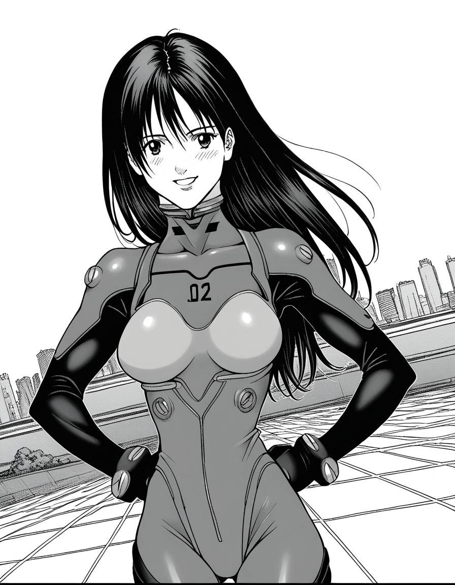 score_9, score_8_up, score_7_up, source_anime, <lora:reika-shimohira-manga-ponyxl-lora-nochekaiser:1>, reika shimohira, long hair, monochrome, greyscale, large breasts,, <lora:souryuu-asuka-langley-cosplay-ponyxl-lora-nochekaiser:1>, souryuuasukalangleycosplay, souryuu asuka langley (cosplay), bodysuit, pilot suit, plugsuit, red bodysuit, interface headset,, cityscape, smile, blush, hands on hips,, , cowboy shot, dutch angle