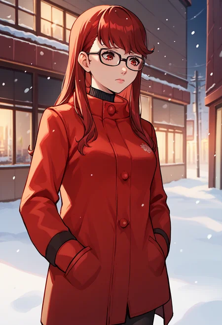 score_9, score_8_up, score_7_up, source_anime, 1girl, solo, cowboy shot, closed mouth, looking down, sad, hands in pockets, half-closed eyes, BREAK <lora:KasumiP5-pdxl:1> winSumi, long hair, hair down, glasses, red winter jacket, medium breasts, buttons, black turtleneck, black pantyhose, outdoors, snow, city