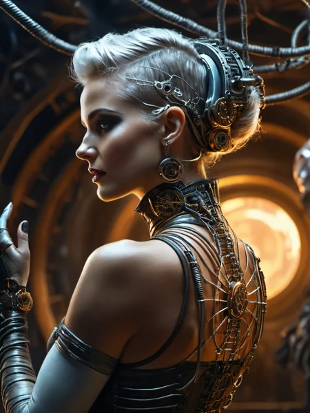 Steampunk style Close up,MAN JUMP TO ANOTHER UNIVERSE,TECHNOLOGY,detailed,21 year old,silver hair,on her knees,wires connected to the back of the neck,cybernetic implants,nice legs,cybernetic room,cyberpunk,bladerunner,retro futuristic,ultra hd 4k,digital painting,by chefede,Mysterious,Gabriele Viertel,Guy Denning,Sandy Skoglund,Berndnaut Smilde,Bess Hamiti,glow effects,godrays,Hand drawn,render,8k,octane render,cinema 4d,blender,dark,atmospheric 4k ultra detailed,cinematic,Sharp focus,big depth of field,Masterpiece,colors,3d octane render,4k,concept art,trending on artstation,hyperrealistic,Vivid colors,extremely detailed CG unity 8k wallpaper,trending on CGSociety,Intricate,High Detail,dramatic,, Ultra-HD-details . Antique, mechanical, brass and copper tones, gears, intricate, detailed