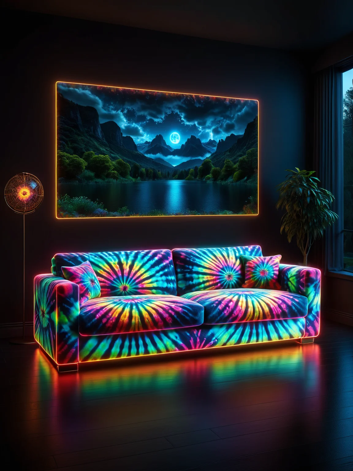 glowing mad-glowtiedye sofa in a dark living room, photo of a landscape on the wall, night <lora:Glowing_Tiedye_SDXL:0.6>, (masterpiece:1.2), best quality, (hyperdetailed, highest detailed:1.2), high resolution textures