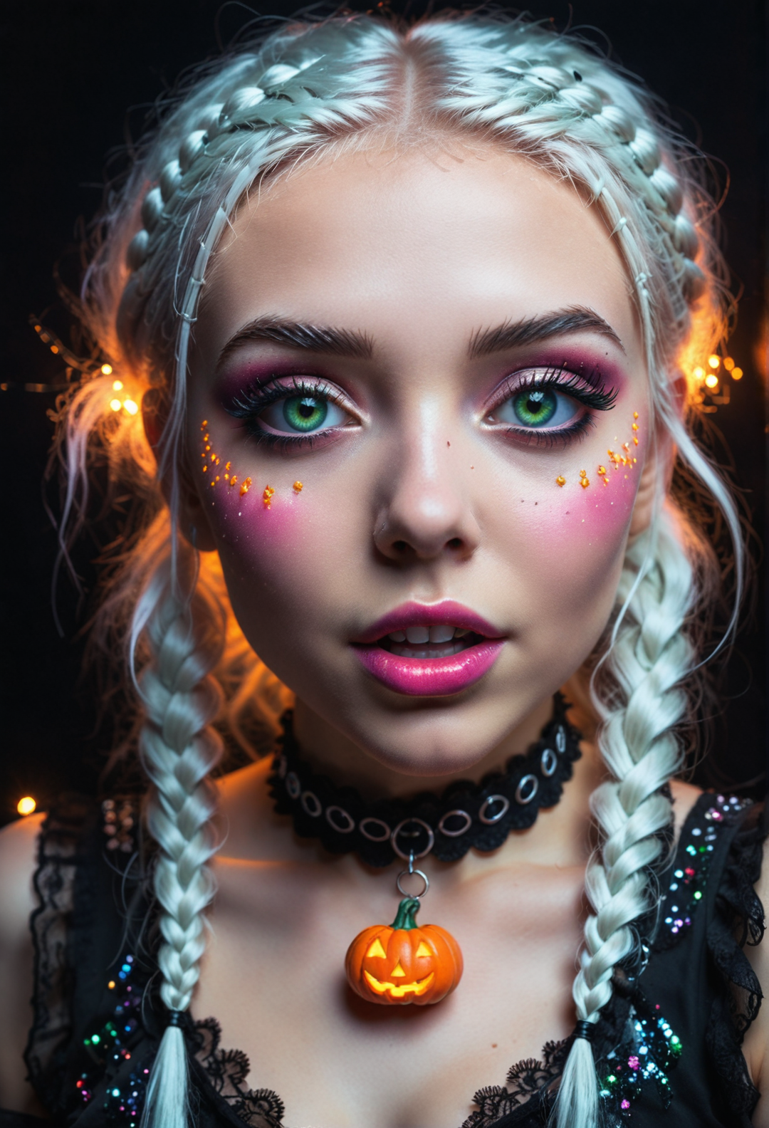 analog photography, portrait of young goth woman, with glowing red-pink glitter makeup, iridescent glitter, luminescent makeup, :O, surprised exrpession, mouth open, happy like a halloween pumpkin, lip gloss, detailed eyes, bright green eyes, long lashes, dark eyeshadow, black mascara, seductive expression with alluring gaze, long white hair, pigtails hairstyle, pale, ring light, highly detailed <lora:xl_Everything_Iridescent> <lora:xl_spo_sdxl_10ep_4k-data_lora_webui>