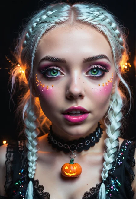 analog photography, portrait of young goth woman, with glowing red-pink glitter makeup, iridescent glitter, luminescent makeup, :O, surprised exrpession, mouth open, happy like a halloween pumpkin, lip gloss, detailed eyes, bright green eyes, long lashes, dark eyeshadow, black mascara, seductive expression with alluring gaze, long white hair, pigtails hairstyle, pale, ring light, highly detailed <lora:xl_Everything_Iridescent> <lora:xl_spo_sdxl_10ep_4k-data_lora_webui>