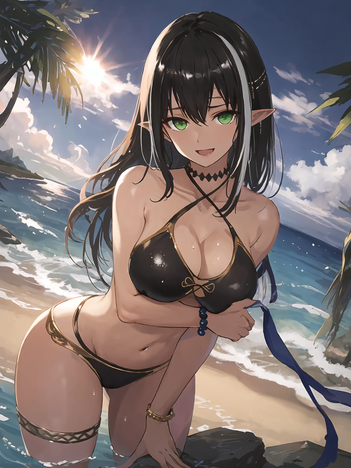 masterpiece,best quality,highres,cinematic lighting,dramatic angle,1girl,<lora:ShadowverseAishaV1:0.8:lbw=jiangshi3>,dark skin,black hair,streaked hair,pointy ears,green eyes,bikini swimsuit,belt,bracelet,beads,thigh strap,ribbon,looking at viewer,ocean,wet,in water,:d,sunshine,seaside,adjusting hair,bent over