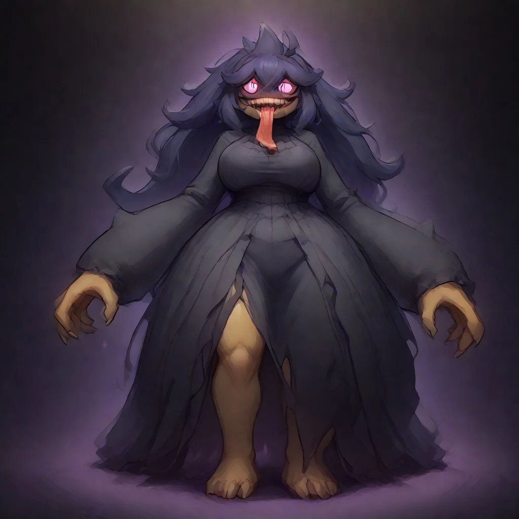 score_9, score_8_up, score_7_up, score_6_up, score_5_up, score_4_up, hex maniac(pokemon), banette, 1girl, solo, monsterification, monster girl, transformation, furry, furry female, pokemon (creature), clothed pokemon, full body, hex maniac, hairband, messy hair, purple eyes, purple hair, purple hairband, @ @, black dress, long dress, long sleeves, juliet sleeves, hex maniac transforming into a banette, transformation, Anthro banette, banette face, banette legs, huge arms, long tongue, Torn clothes, large breasts, banette_mega
