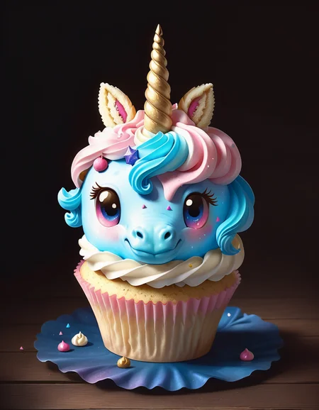 very cute appealing anthropomorphic unicorn cupcake, pink and blue icing, kawaii, looking at the viewer, macro, cinematic lighting, fantasy art, dynamic composition, epic realistic, award winning illustration <lora:FoodPets:1> Foodpets