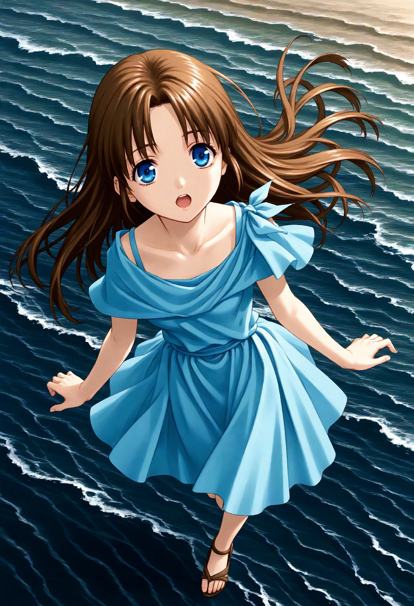1girl, lilia (ys) , ys ii, <lora:lilia_Pony_v1:0.5>
solo, brown hair, long hair, blue eyes, blue dress,
from above, full body, looking away, water eye, Rio de Janeiro city, open mouth,