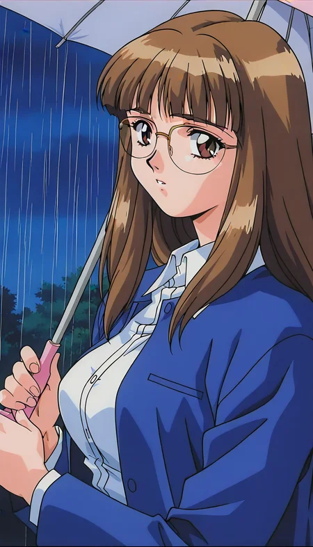 masterpiece, best quality, good quality, <lora:Iijima_Sensei_IS:1> Iijima_Sensei, 1girl,solo, brown hair, glasses, long hair, brown eyes,blunt bangs, large breasts, 1990s \(style\),anime coloring, 
looking at viewer, upper body, shirt, long sleeves, blue jacket, collared shirt, white shirt, umbrella,
night, day, rain,